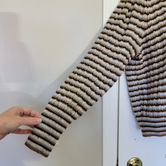 Nine West Cropped Striped Blue Tan Cream Boat Neck Sweater Fall Winter Size M - Picture 4 of 10